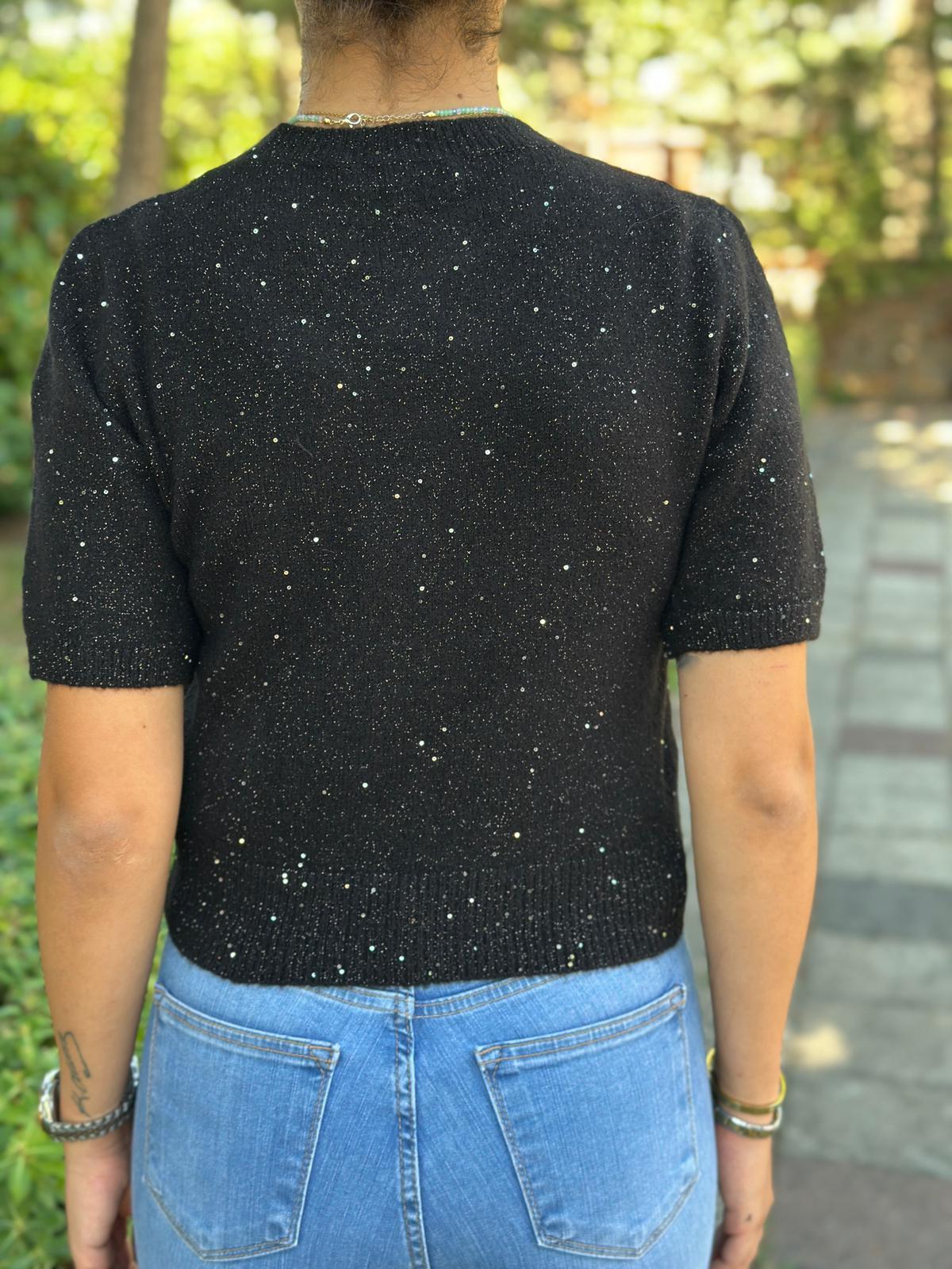 Bisiklet Yaka Pullu Simli Triko Kazak 10703 Siyah