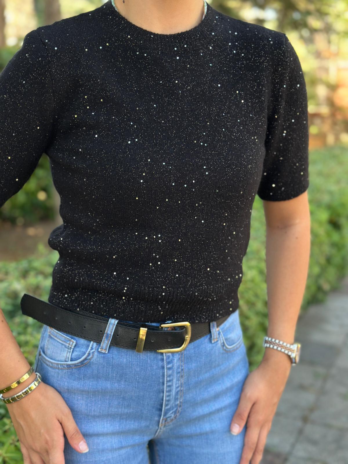 Bisiklet Yaka Pullu Simli Triko Kazak 10703 Siyah