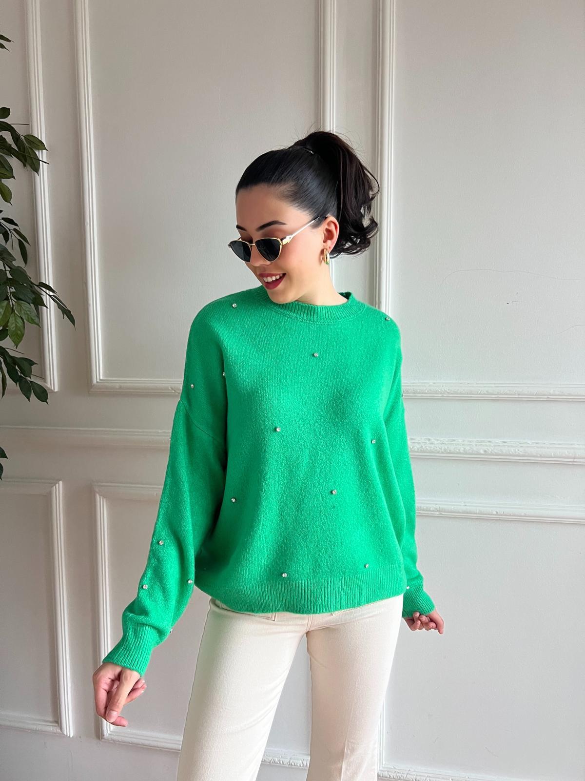 Bisiklet Yaka Taşlı Salaş Kazak 3735 Yeşil