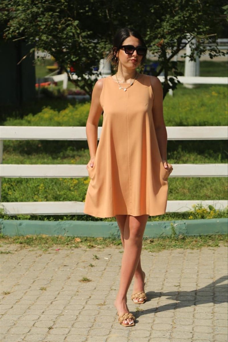 Bisiklet Yaka Tencel Cepli Elbise 9038 Camel