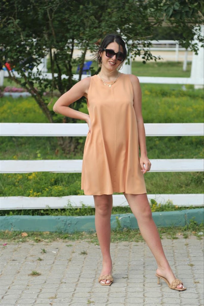 Bisiklet Yaka Tencel Cepli Elbise 9038 Camel