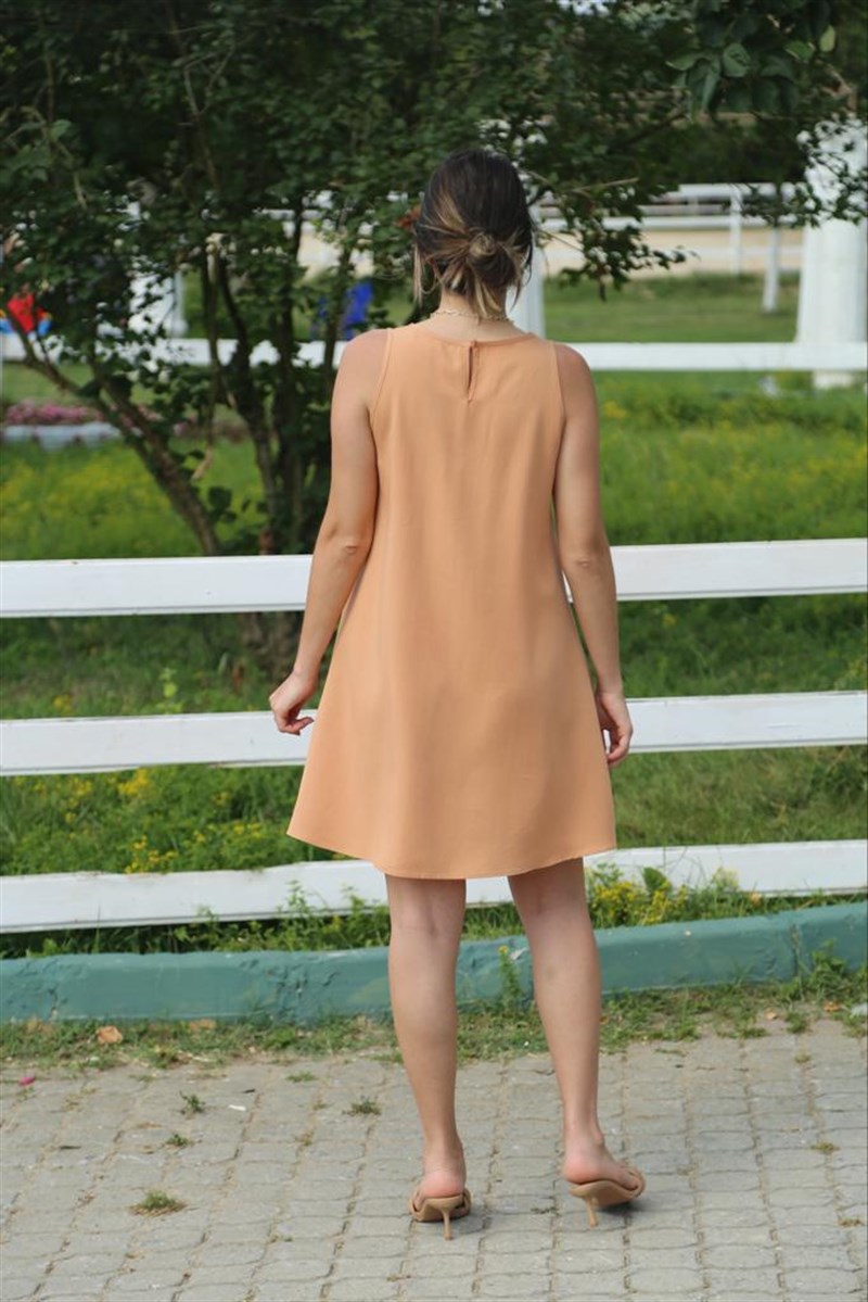 Bisiklet Yaka Tencel Cepli Elbise 9038 Camel