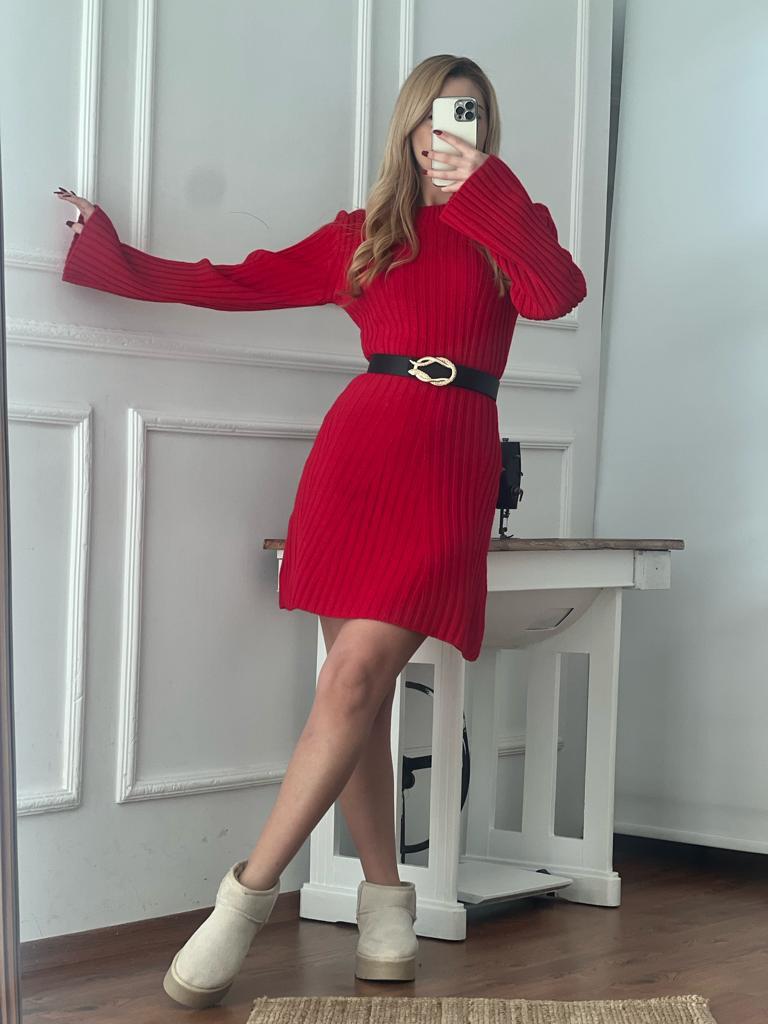 Bisiklet Yaka Triko Elbise 5124 Kırmızı