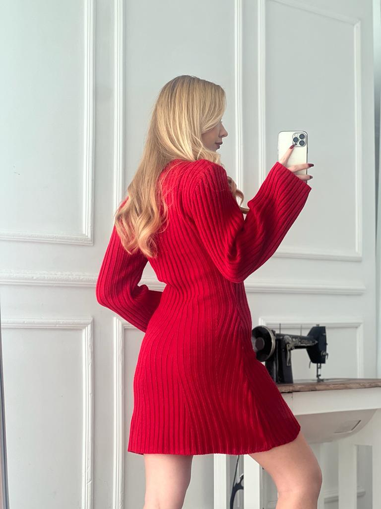 Bisiklet Yaka Triko Elbise 5124 Kırmızı