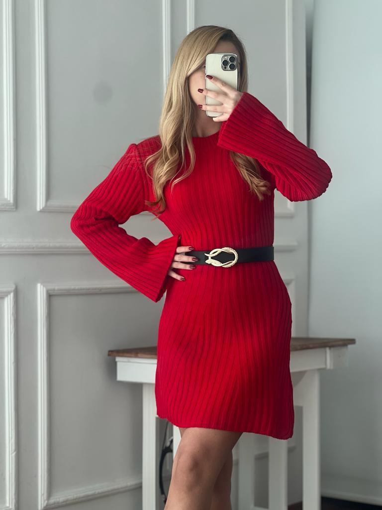 Bisiklet Yaka Triko Elbise 5124 Kırmızı