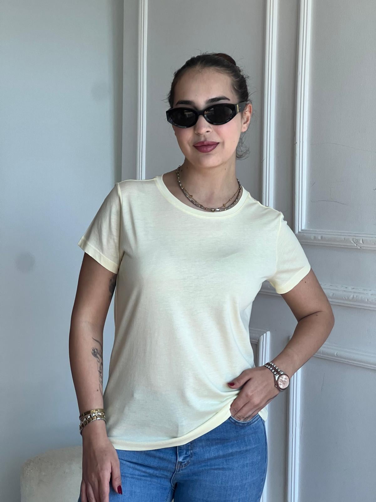 Bisiklet Yaka Tshirt 32852 Açık Sarı