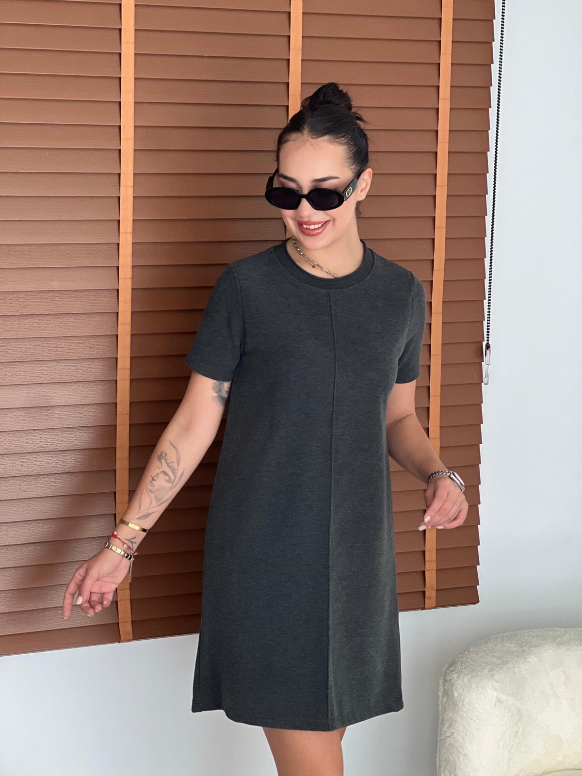 Bisiklet Yaka Yumuşak Dokulu Elbise 16007 Antrasit