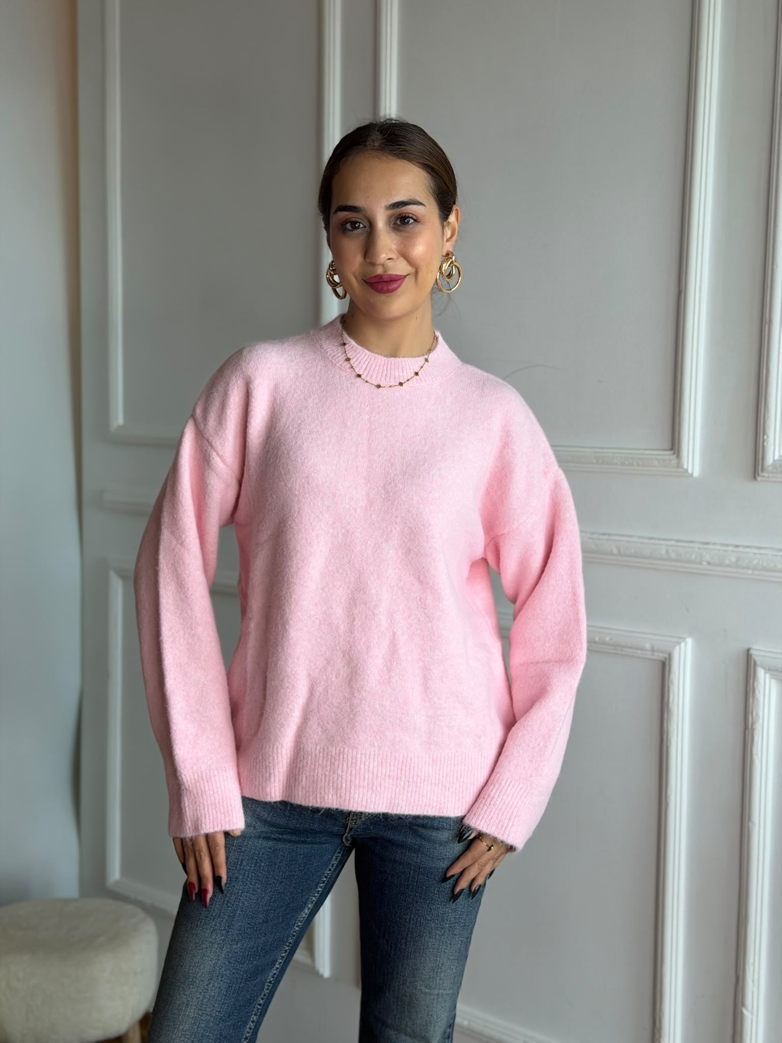 Bisiklet Yaka Yumuşak Dokulu Kazak 10640 Pembe