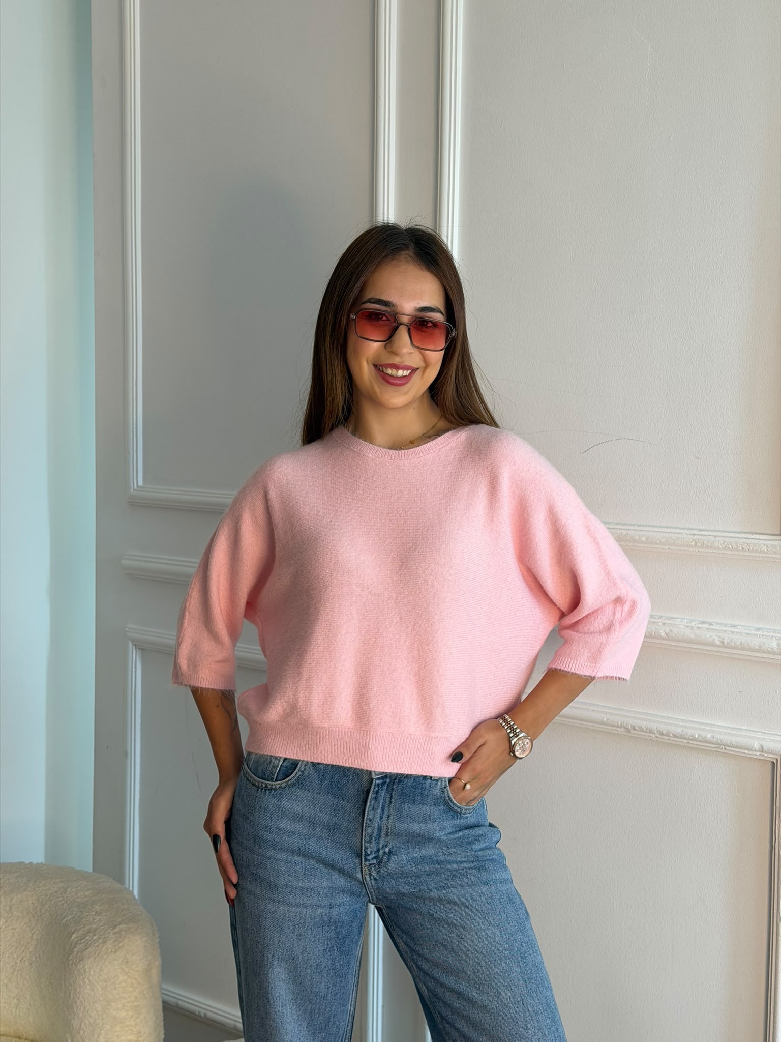 Bisiklet Yaka Yumuşak Dokulu Kazak 10852 Toz Pembe