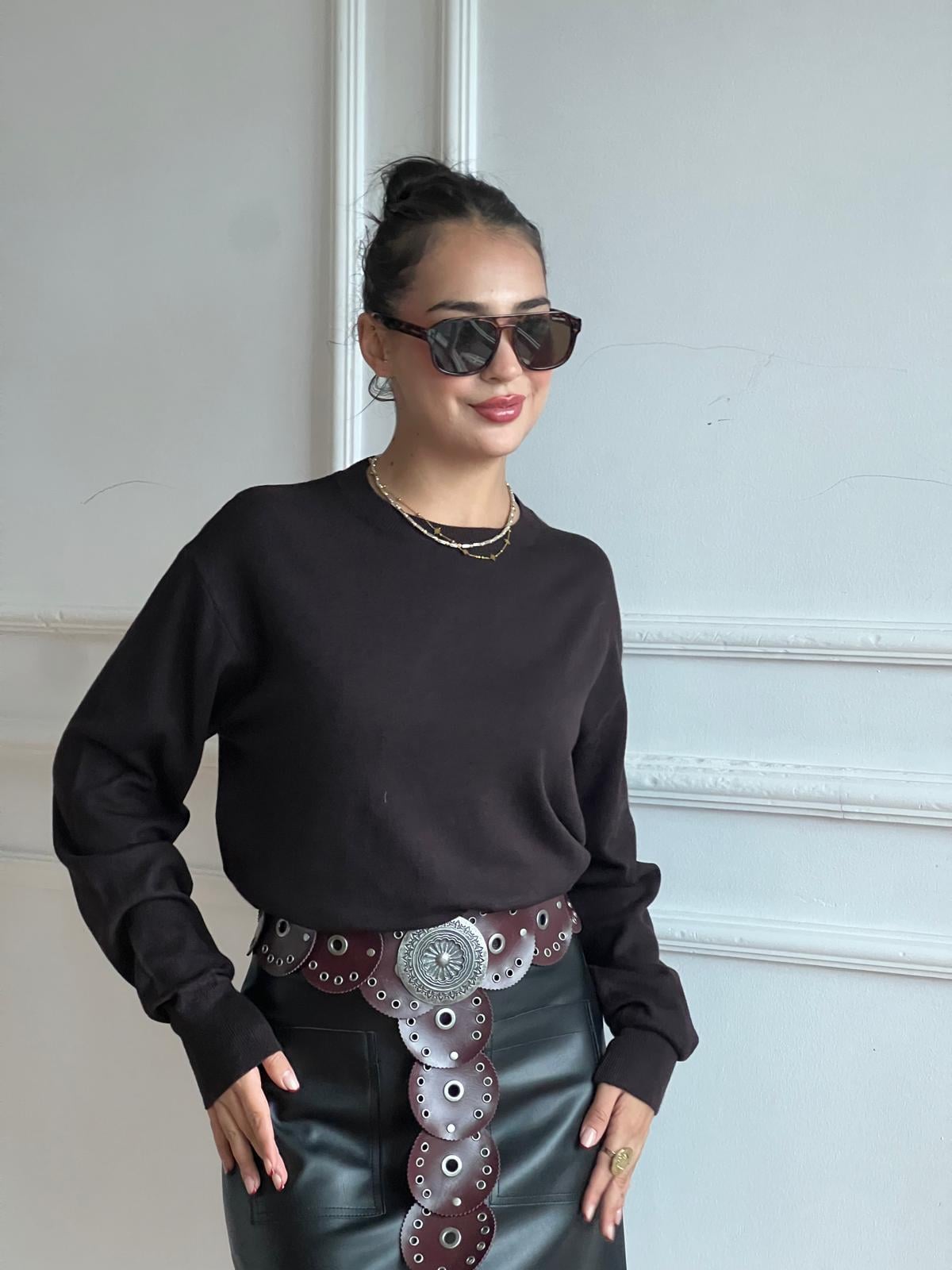 Bisiklet Yaka Yünlü Basic Triko Kazak 10633 Koyu Kahve