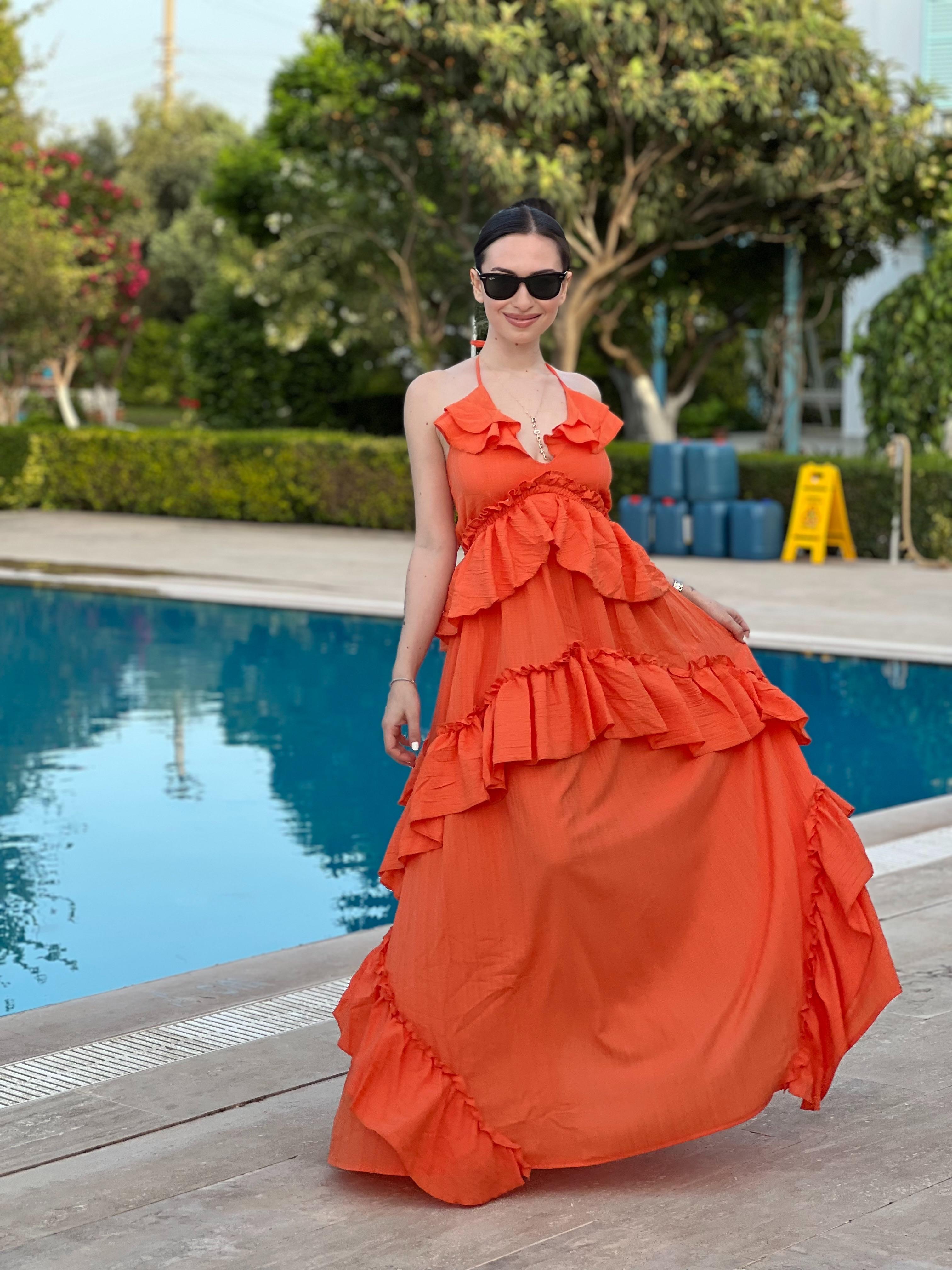 Boyundan Bağlamalı Kat Etekli Elbise 242-6020 Turuncu