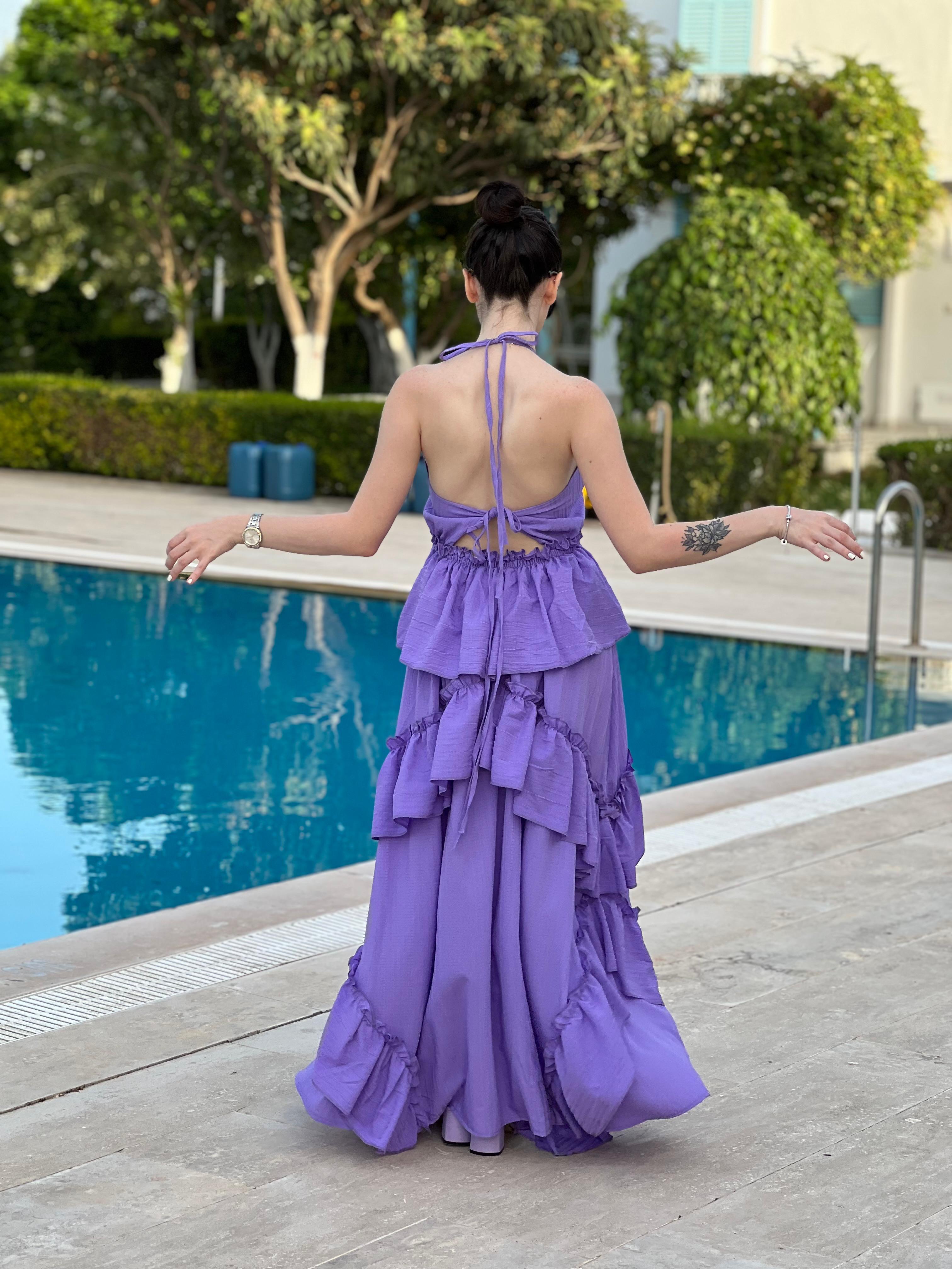 Boyundan Bağlamalı Kat Etekli Elbise 242-6020 Mor