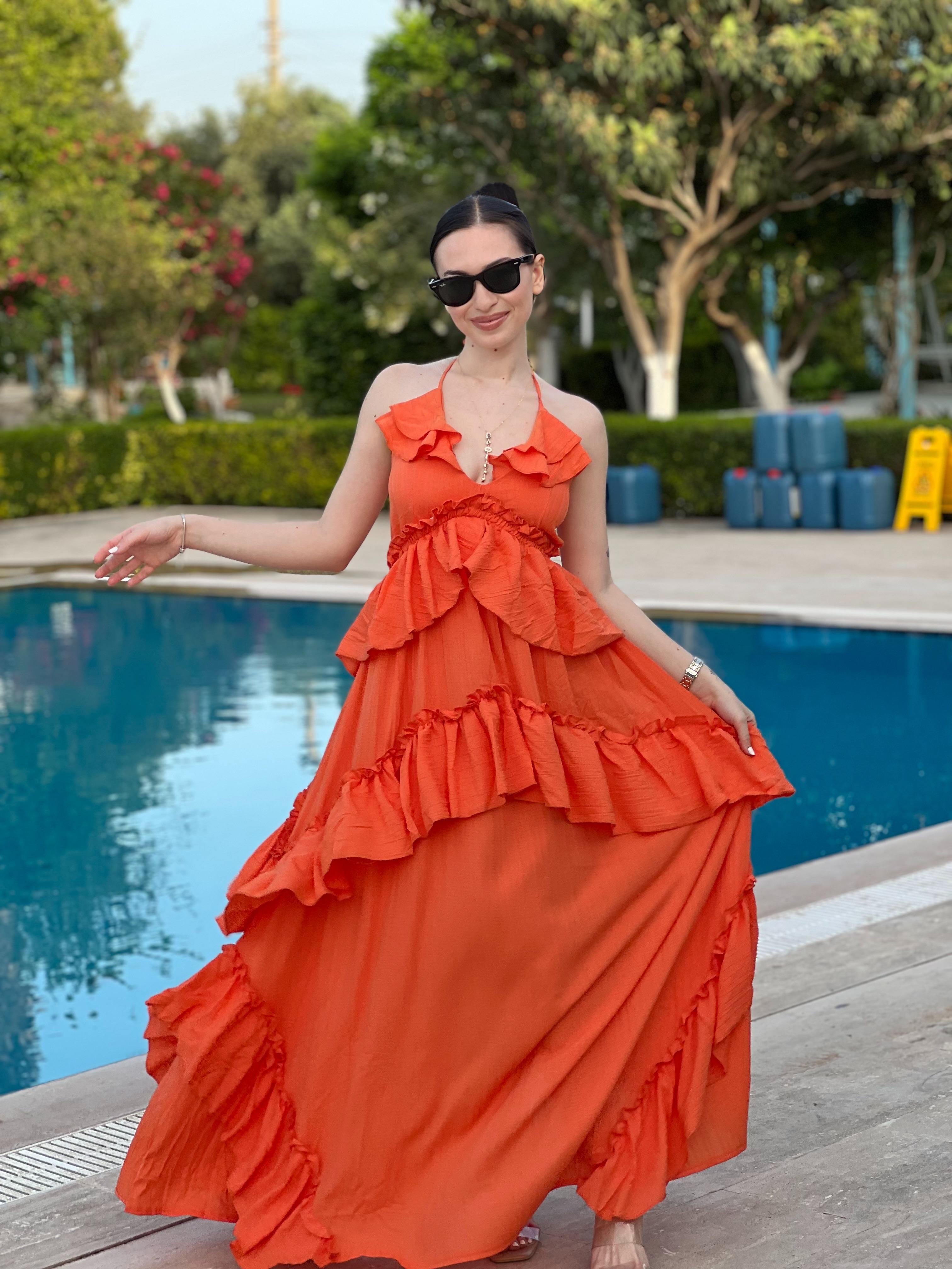 Boyundan Bağlamalı Kat Etekli Elbise 242-6020 Turuncu