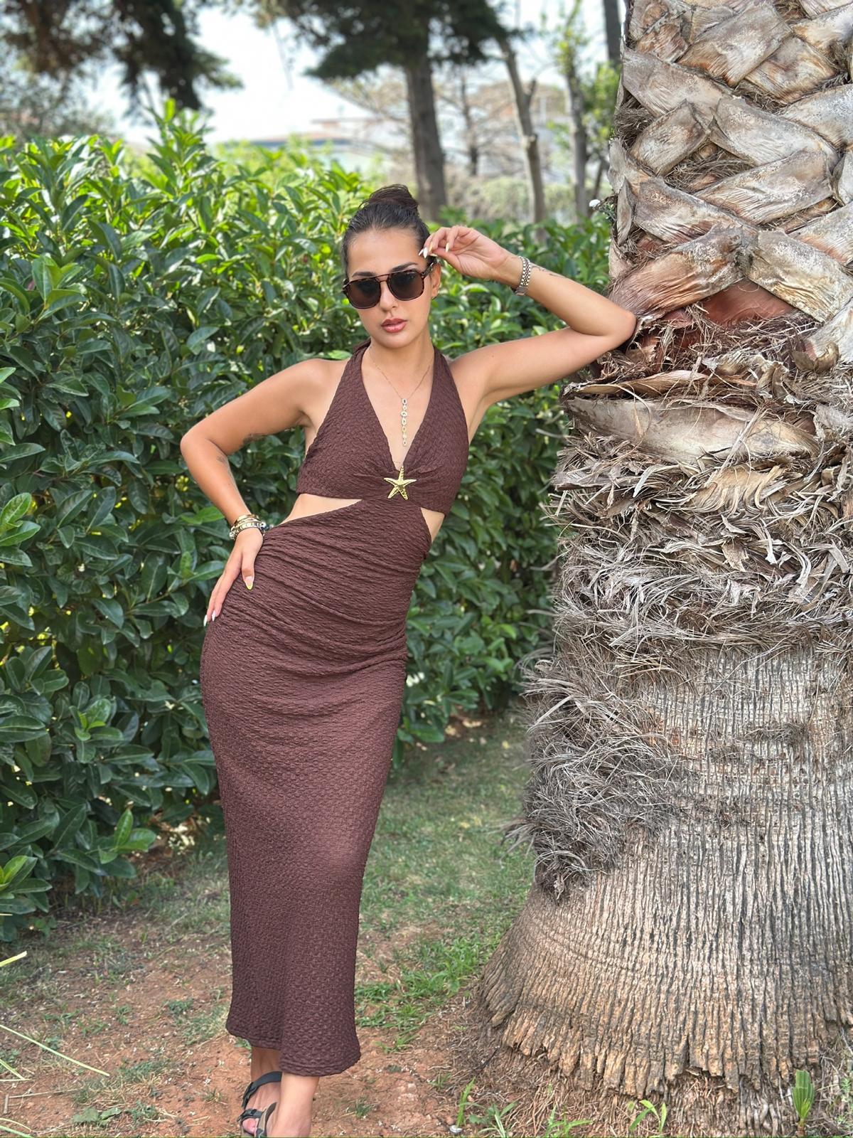 Boyundan Bağlamalı Yıldız Detaylı Elbise 206200 Koyu Kahve