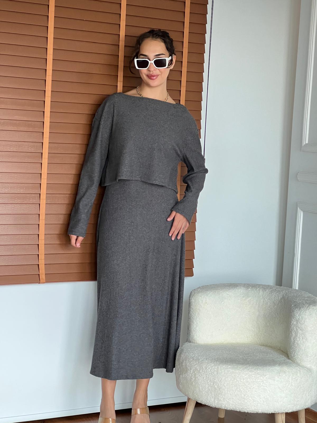 Büstiyer Bluzlu Örme Elbise 17721-17720 Antrasit