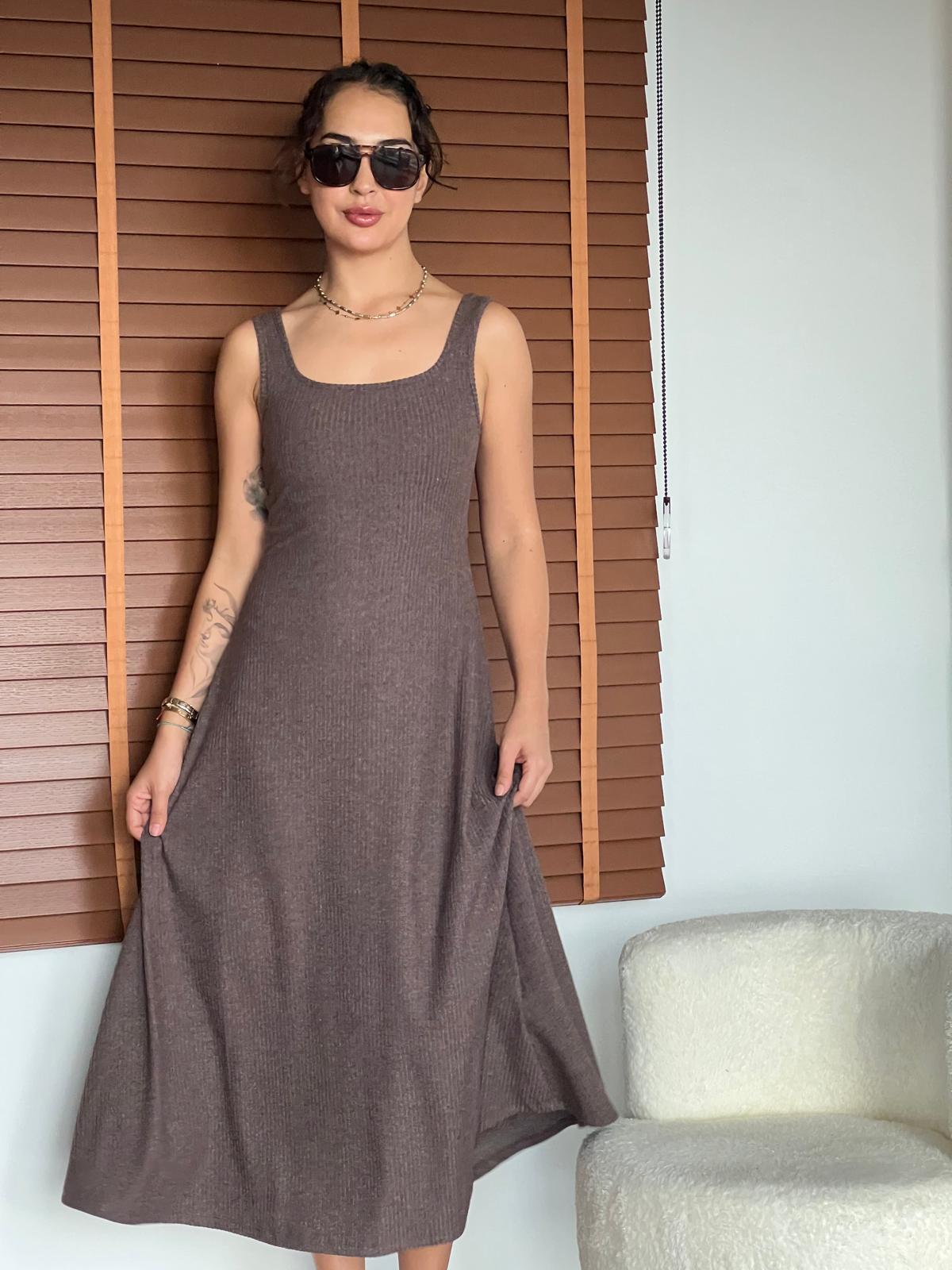 Büstiyer Bluzlu Örme Elbise 17721-17720 Kahverengi