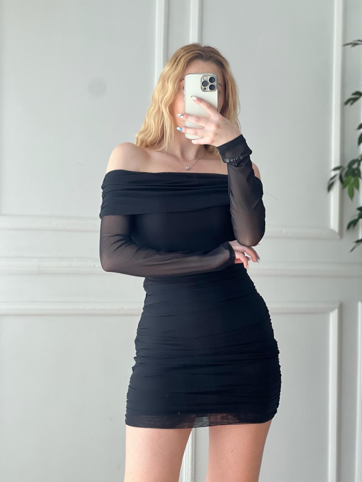 Büzgülü Madonna Yaka Tül Elbise 5416 Siyah