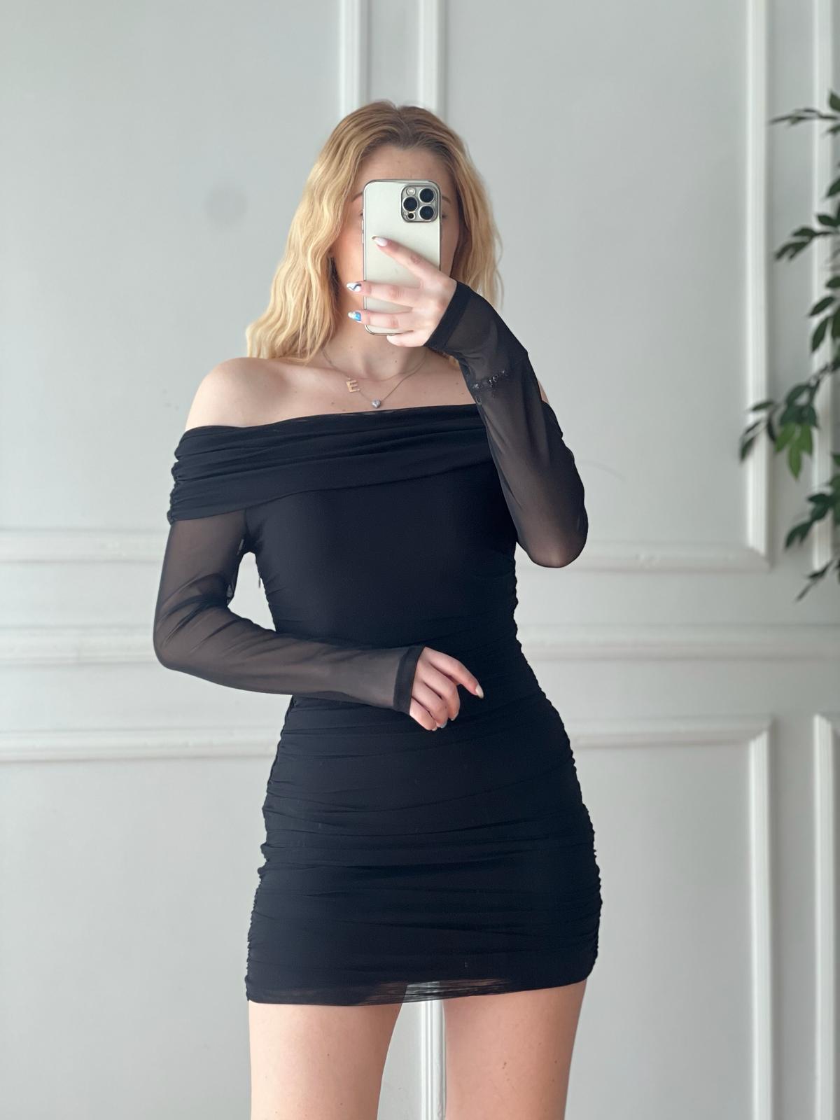 Büzgülü Madonna Yaka Tül Elbise 5416 Siyah