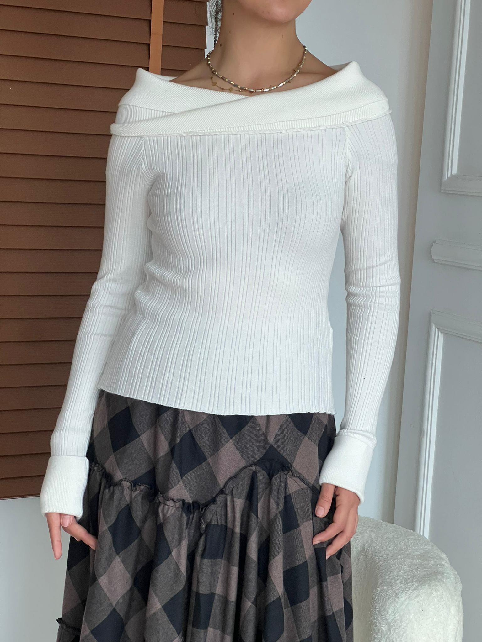 Çapraz Madonna Yaka Triko Bluz 17732 Ekru