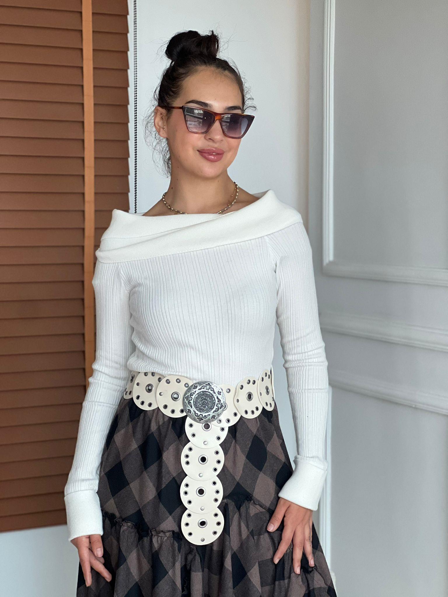 Çapraz Madonna Yaka Triko Bluz 17732 Ekru