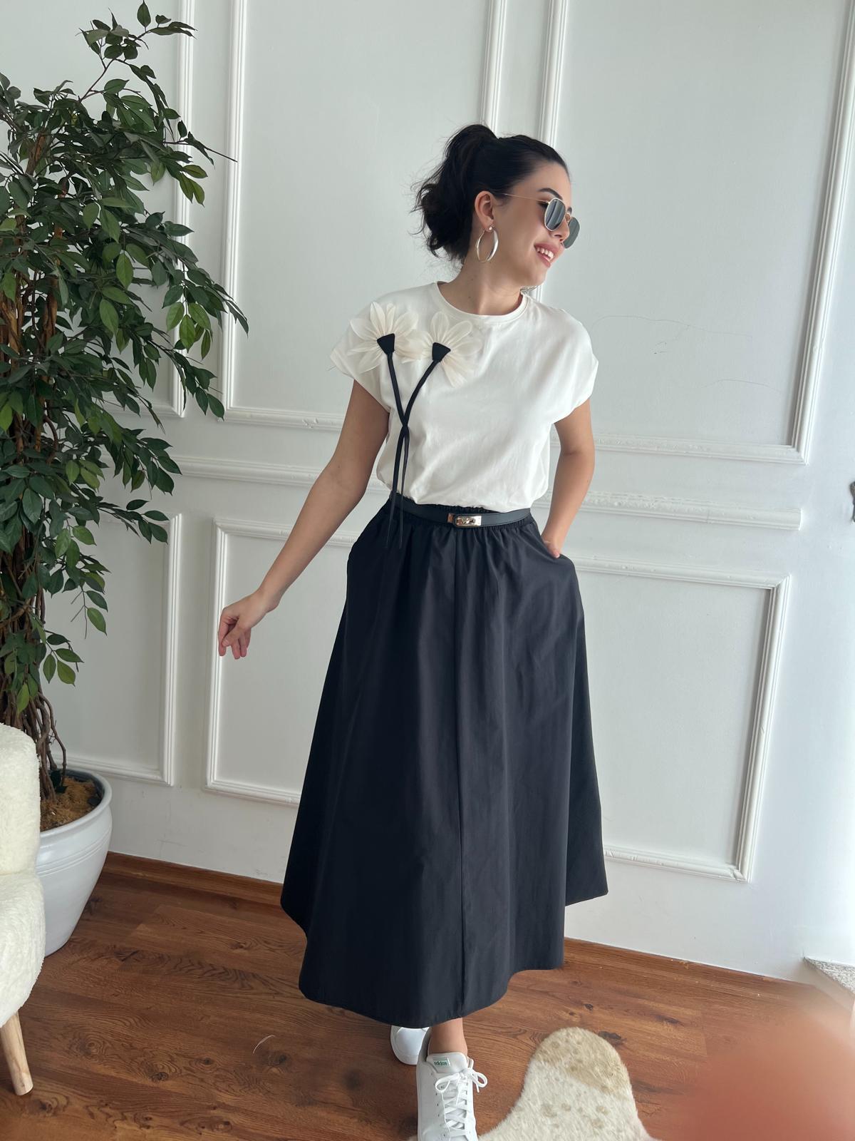 Cepli Beli Lastikli Paraşüt Kumaş Etek 7015 Siyah