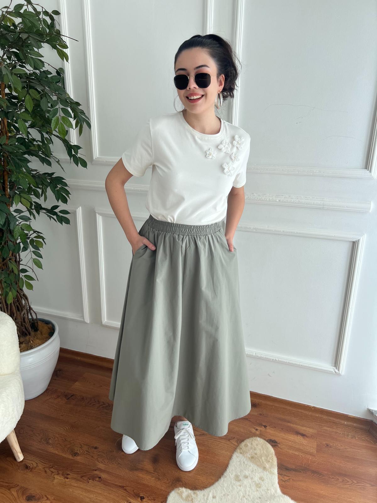 Cepli Beli Lastikli Paraşüt Kumaş Etek 7015 Haki