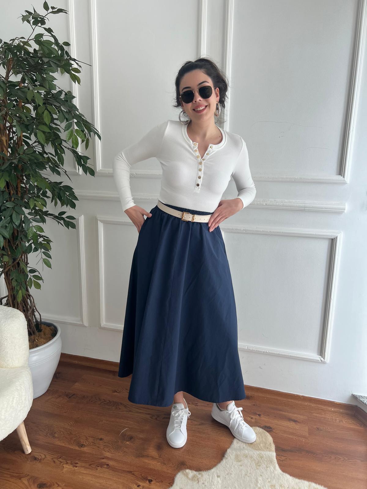 Cepli Beli Lastikli Paraşüt Kumaş Etek 7015 Lacivert