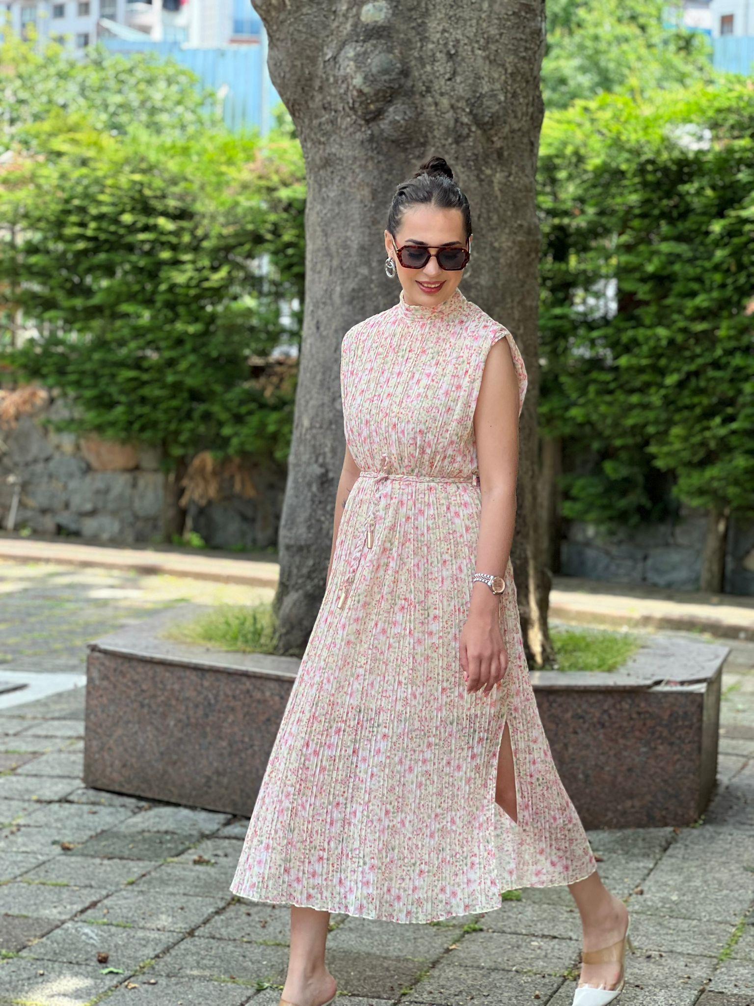 Çiçek Desen Pliseli Elbise 2517278 Pembe