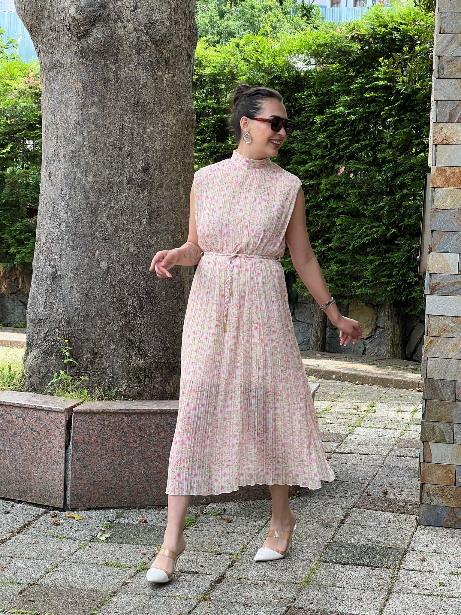 Çiçek Desen Pliseli Elbise 2517278 Pembe