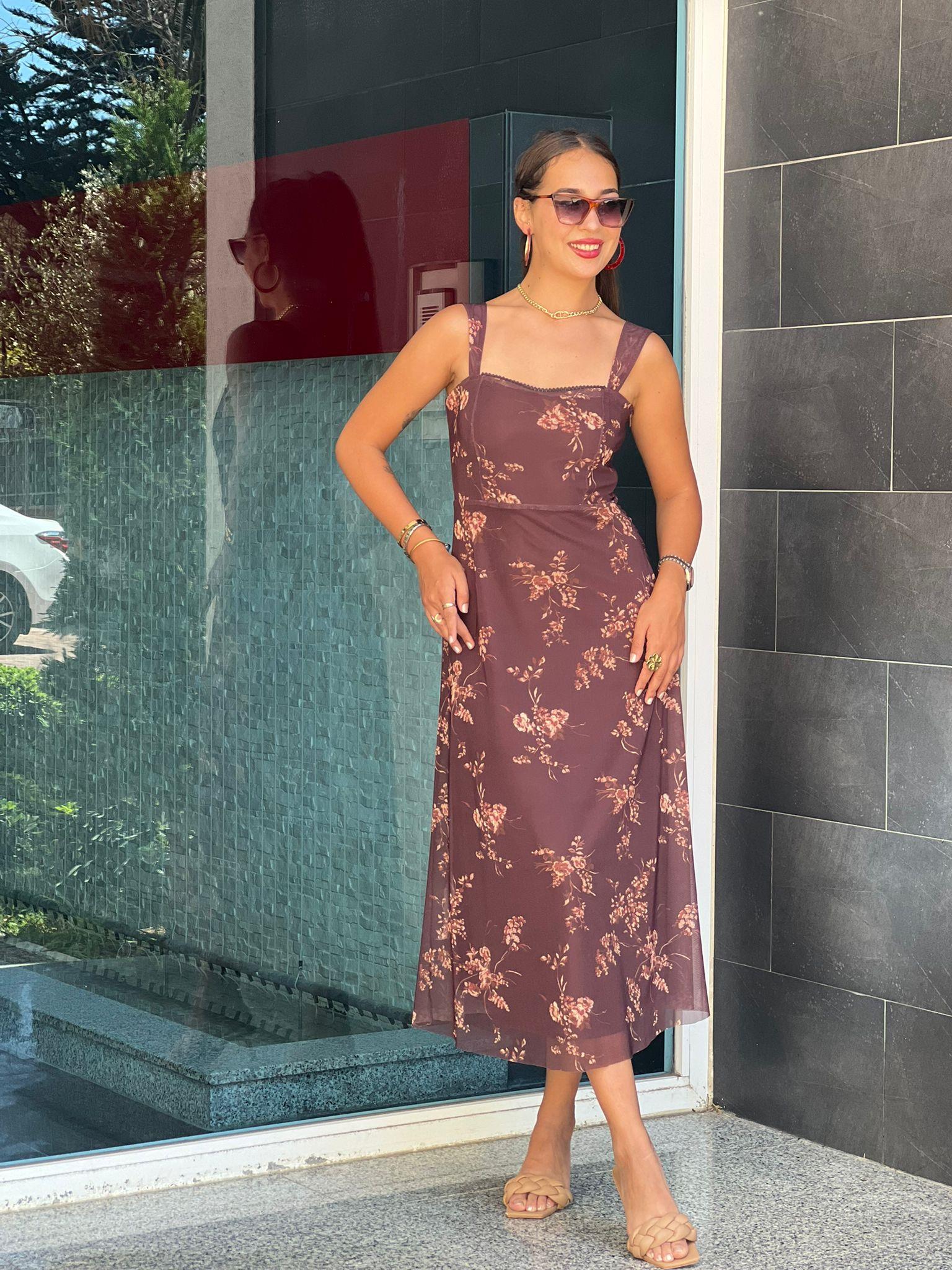 Çiçek Desenli Şifon Elbise 251096 Kahverengi