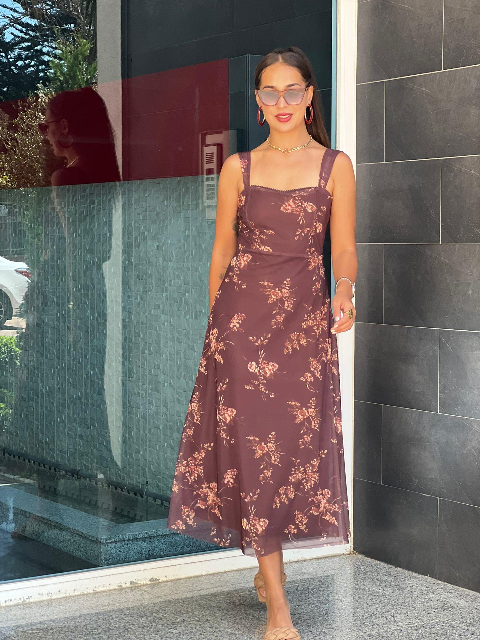 Çiçek Desenli Şifon Elbise 251096 Kahverengi