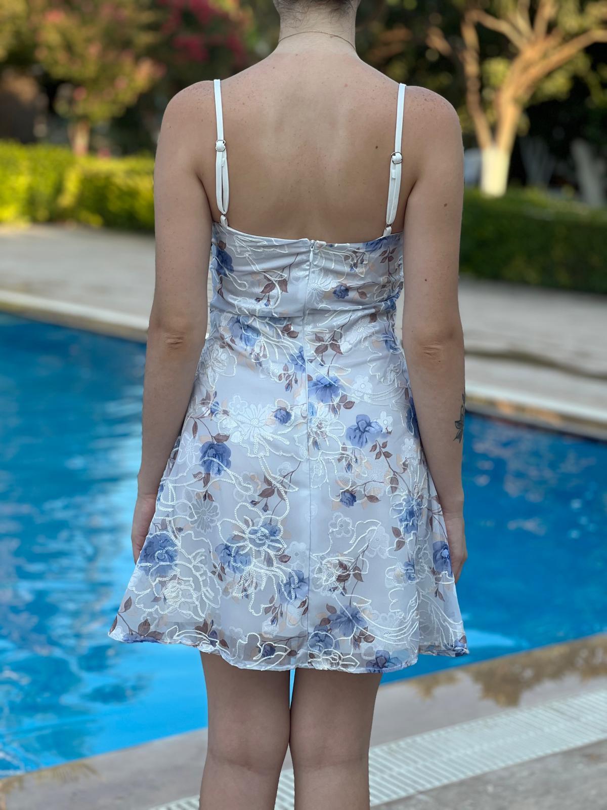 Çiçek Desenli Şifon Mini Elbise 3637 Mavi