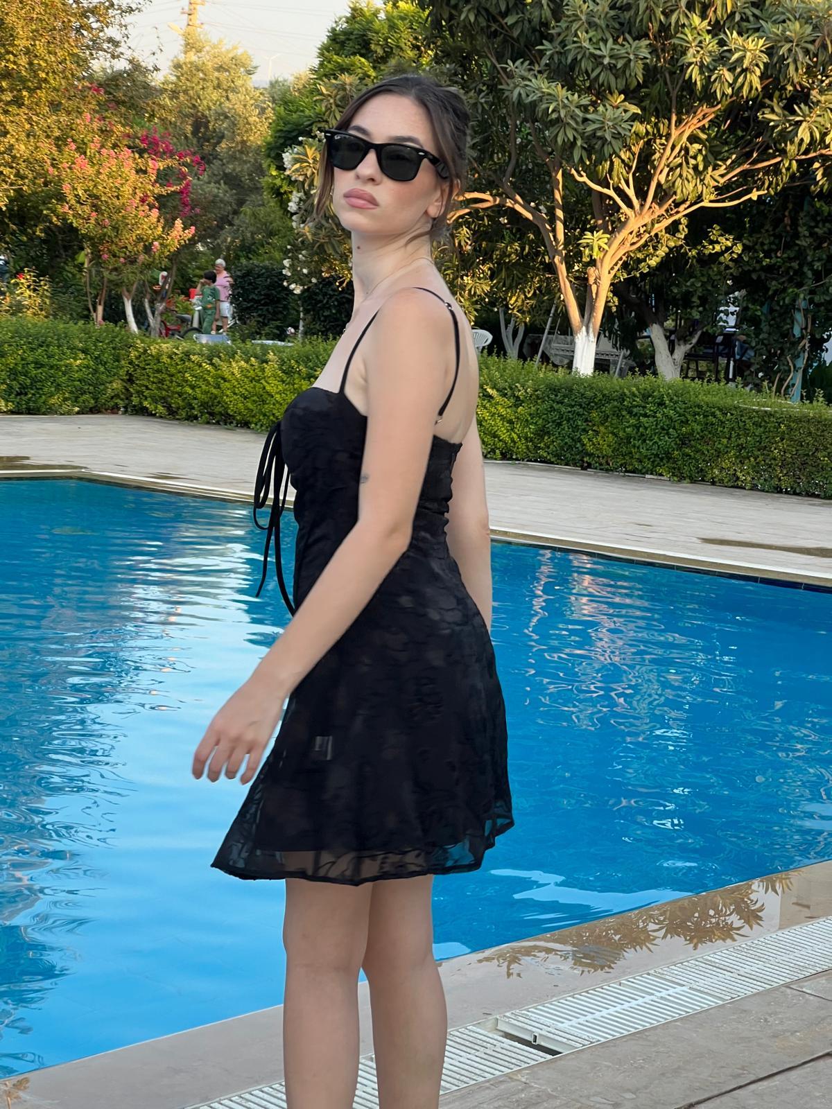 Çiçek Desenli Şifon Mini Elbise 3637 Siyah