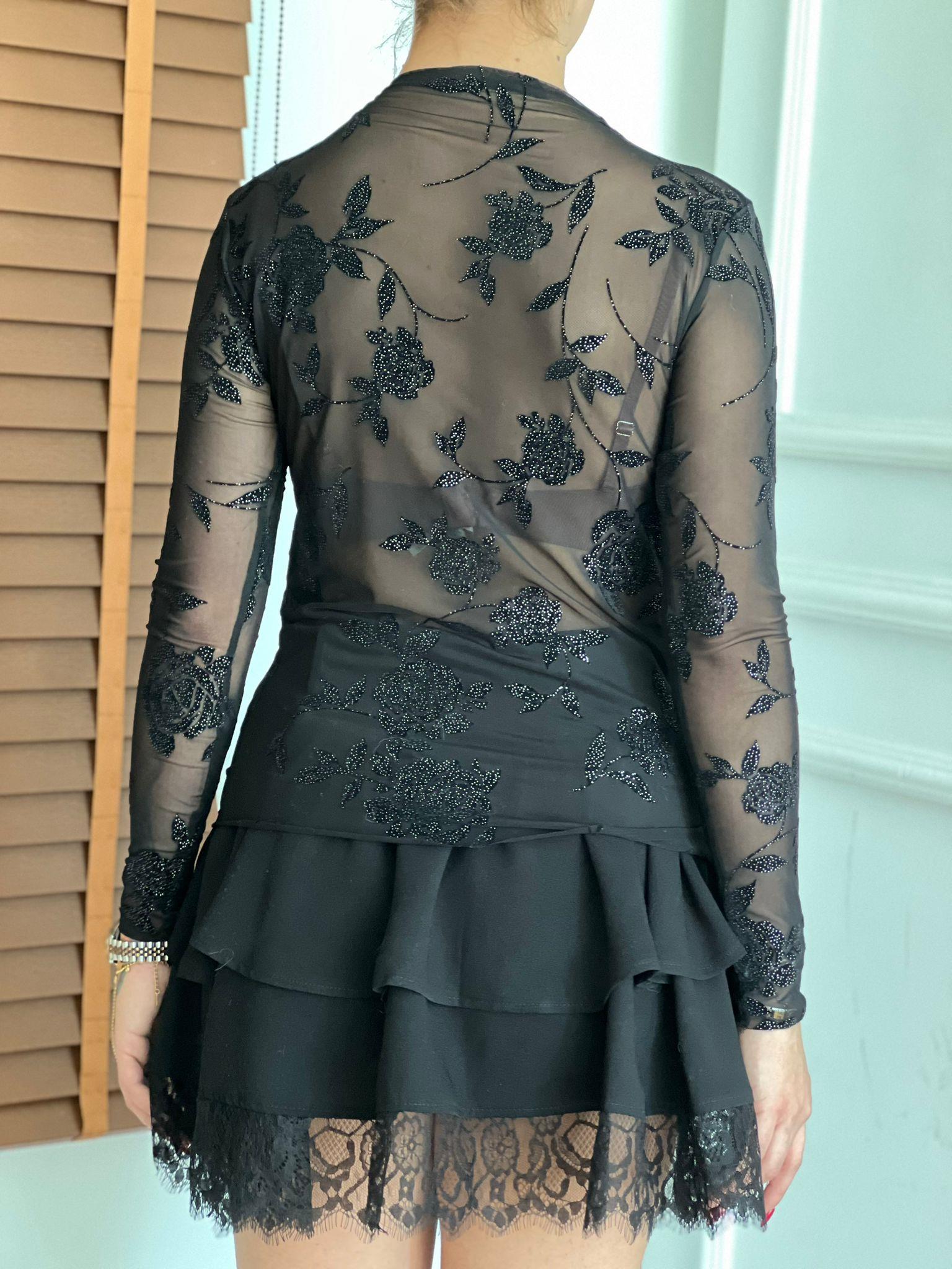 Çiçek Detaylı Transparan Bluz 30581 Siyah