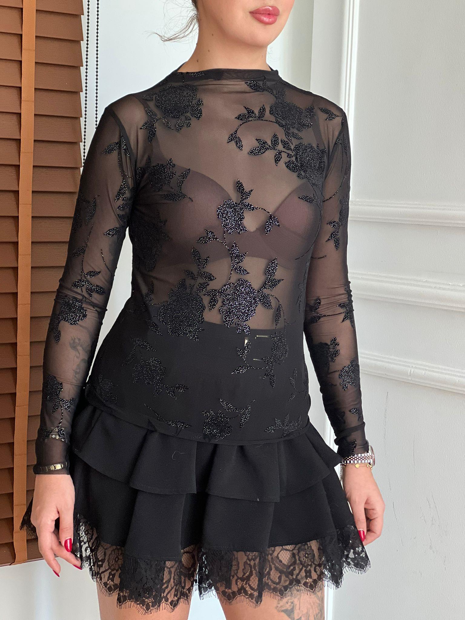 Çiçek Detaylı Transparan Bluz 30581 Siyah
