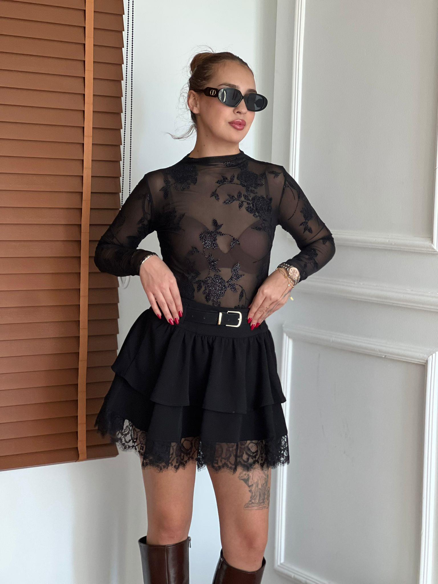 Çiçek Detaylı Transparan Bluz 30581 Siyah