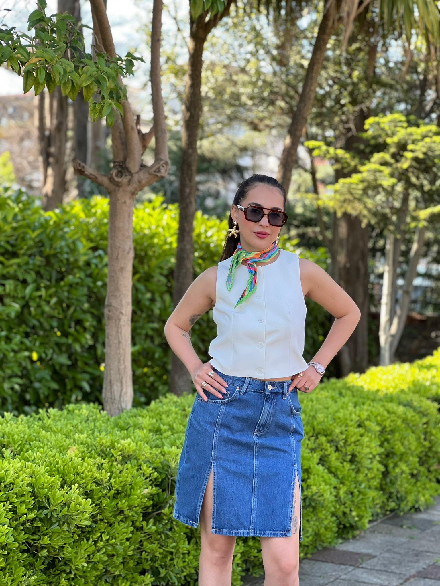 Çift Yırtmaçlı Midi Kot Etek 80584 Mavi