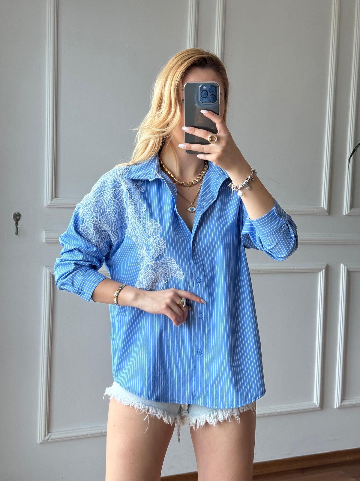 Çizgili Aplike Gömlek 24108 Mavi