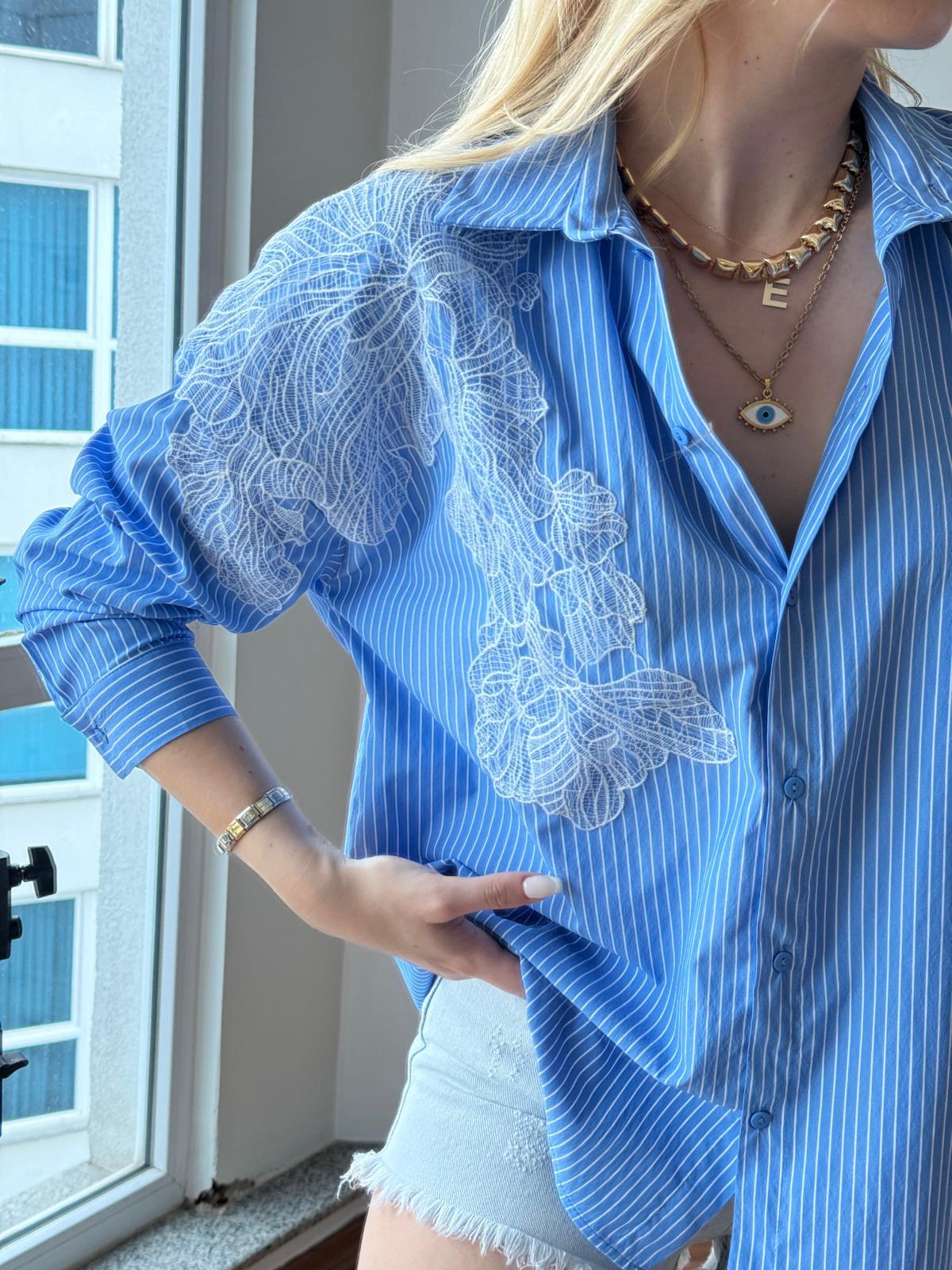 Çizgili Aplike Gömlek 24108 Mavi