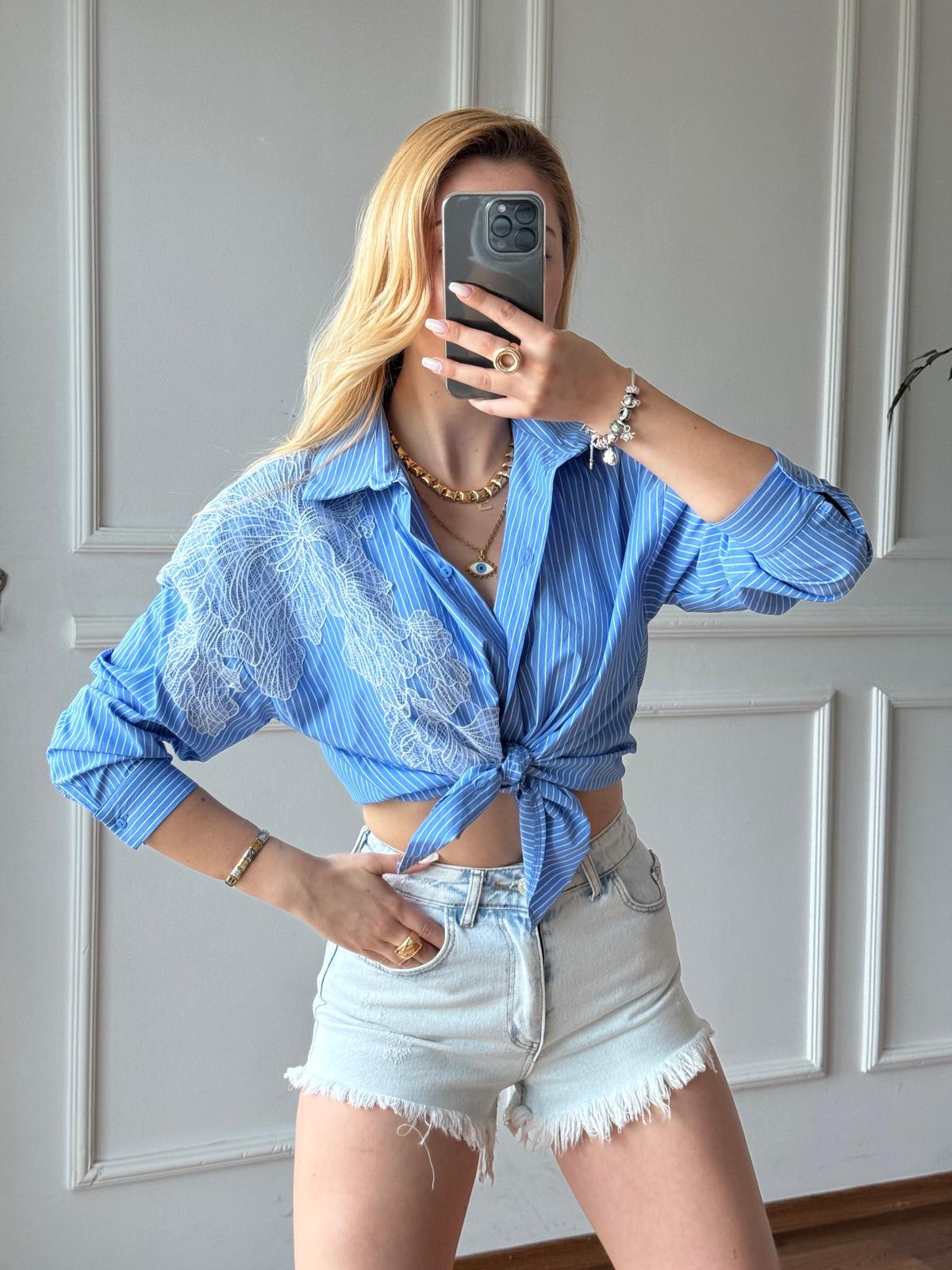 Çizgili Aplike Gömlek 24108 Mavi