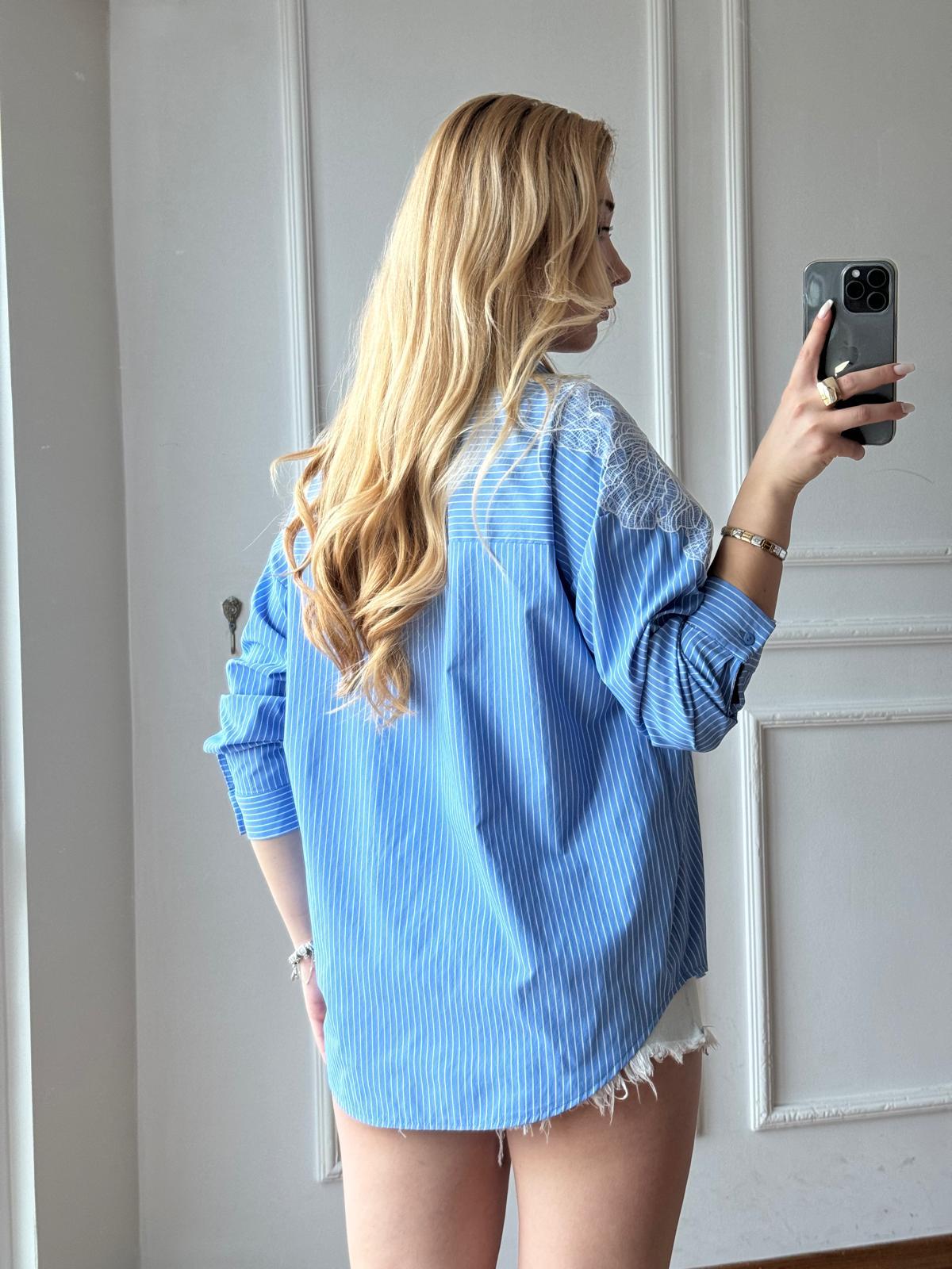 Çizgili Aplike Gömlek 24108 Mavi