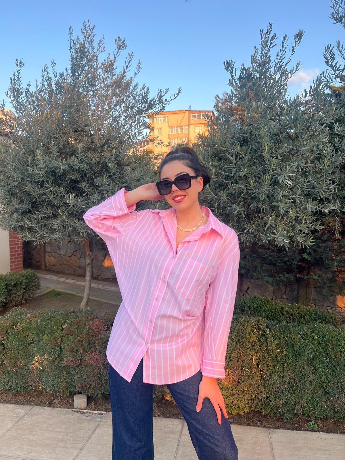 Çizgili Gömlek 16597 Pembe