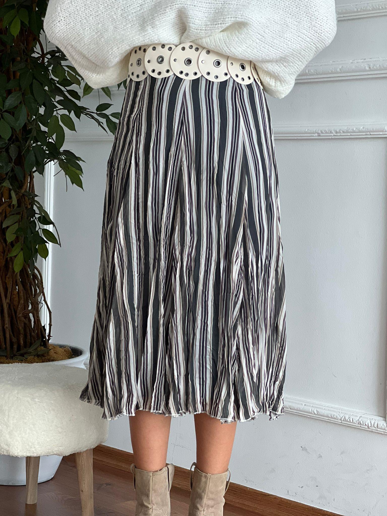 Çizgili Midi Etek 26-2209 Ekru