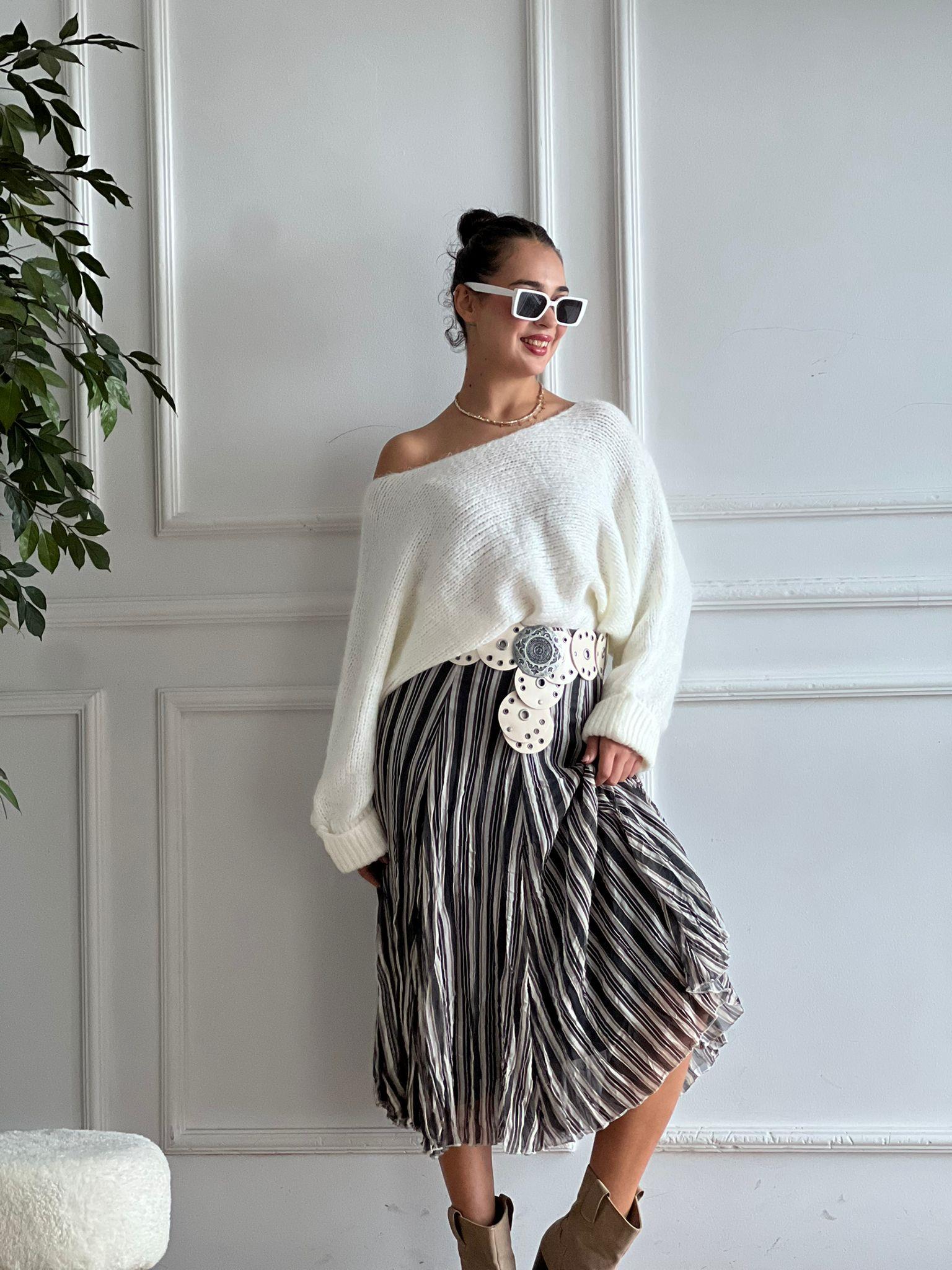 Çizgili Midi Etek 26-2209 Ekru