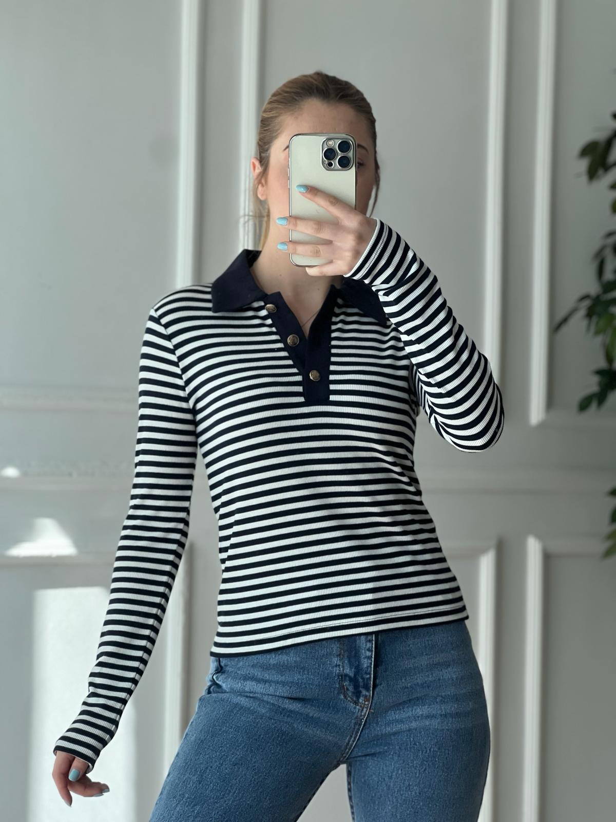 Çizgili Polo Yaka Bluz 16012 Beyaz