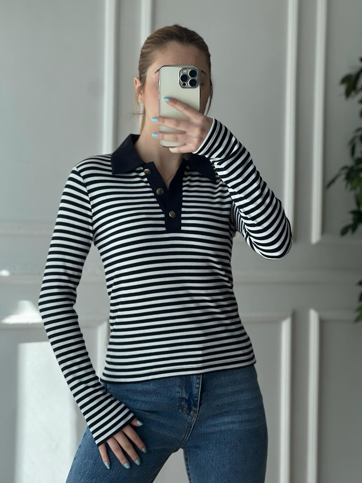 Çizgili Polo Yaka Bluz 16012 Beyaz