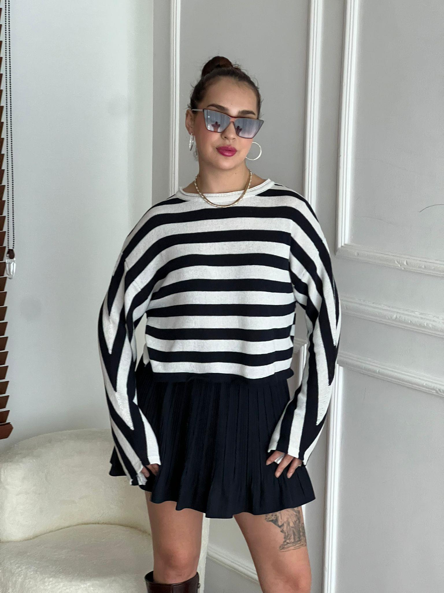 Çizgili Triko Bluz 01838 Siyah