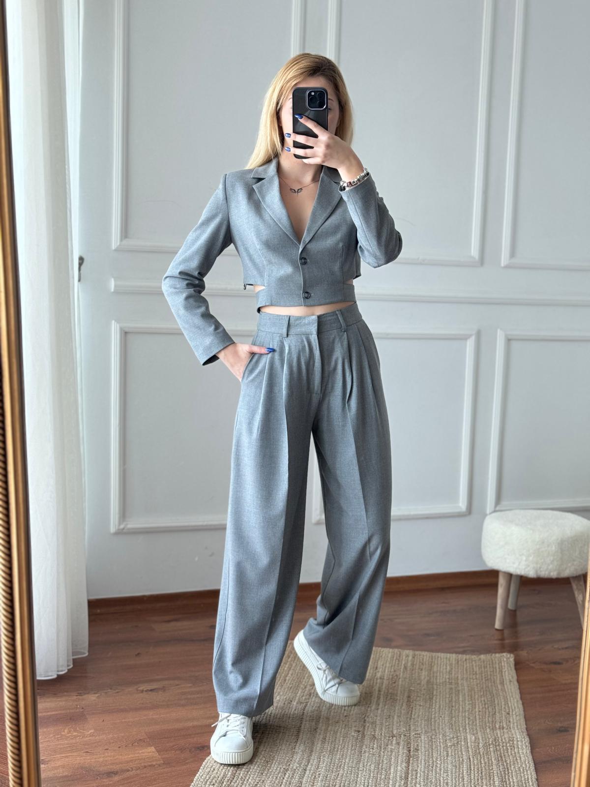 Crop Ceket Pantolon Takım 16404 Gri
