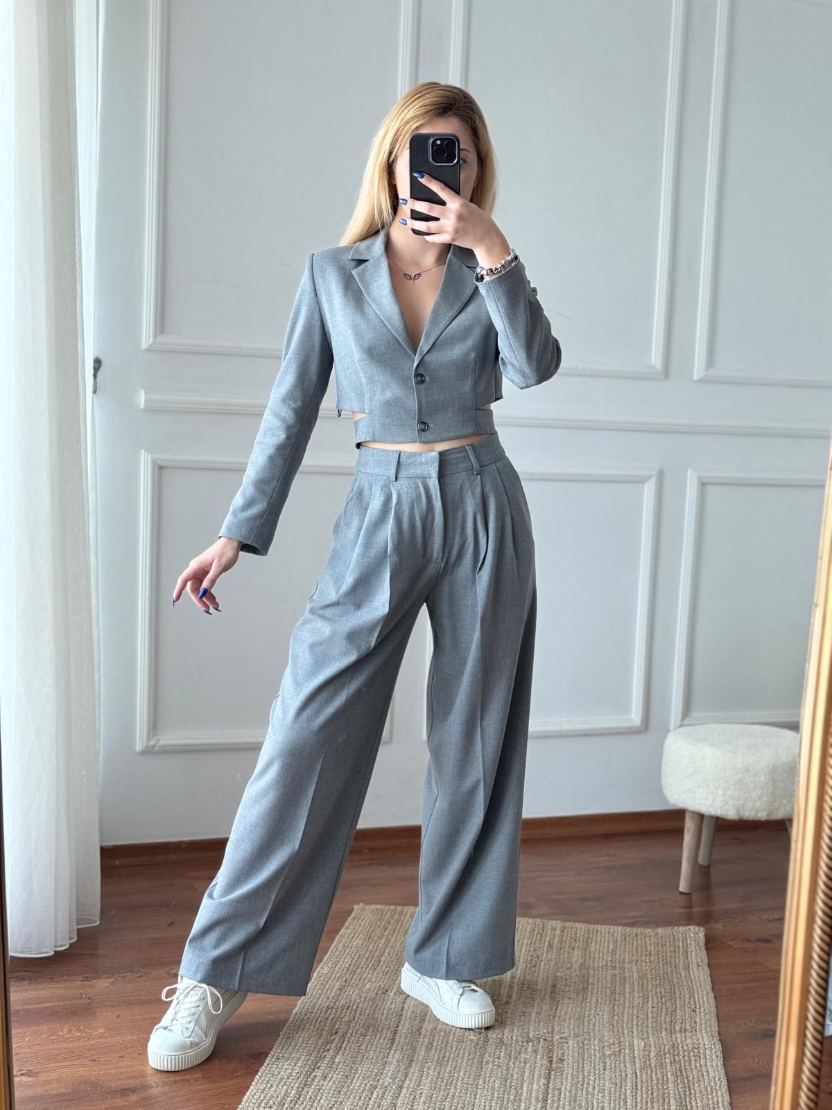 Crop Ceket Pantolon Takım 16404 Gri