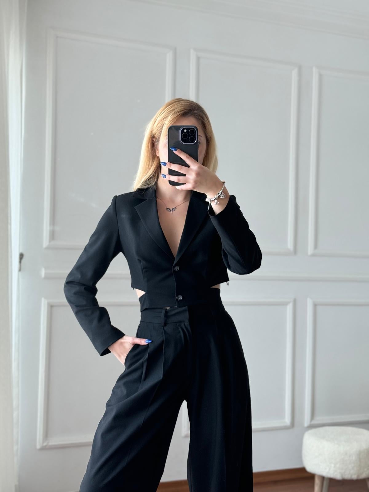 Crop Ceket Pantolon Takım 16404 Siyah
